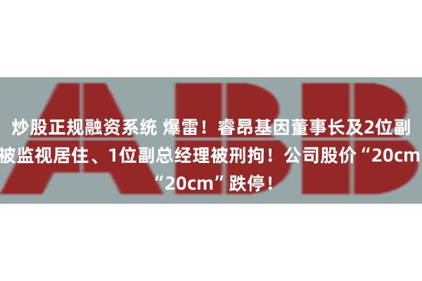 炒股正规融资系统 爆雷！睿昂基因董事长及2位副总经理被监视居住、1位副总经理被刑拘！公司股价“20cm”跌停！